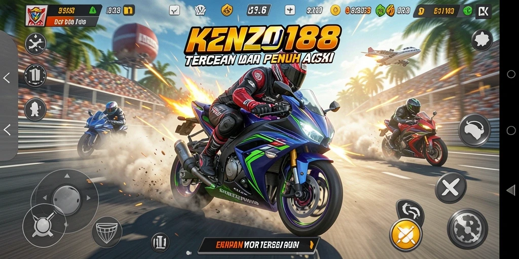 Screenshot gameplay KENZO188 menampilkan balapan motor yang seru.