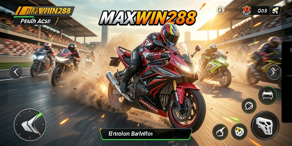 Screenshot gameplay MAXWIN288 dengan aksi balap yang mendebarkan.