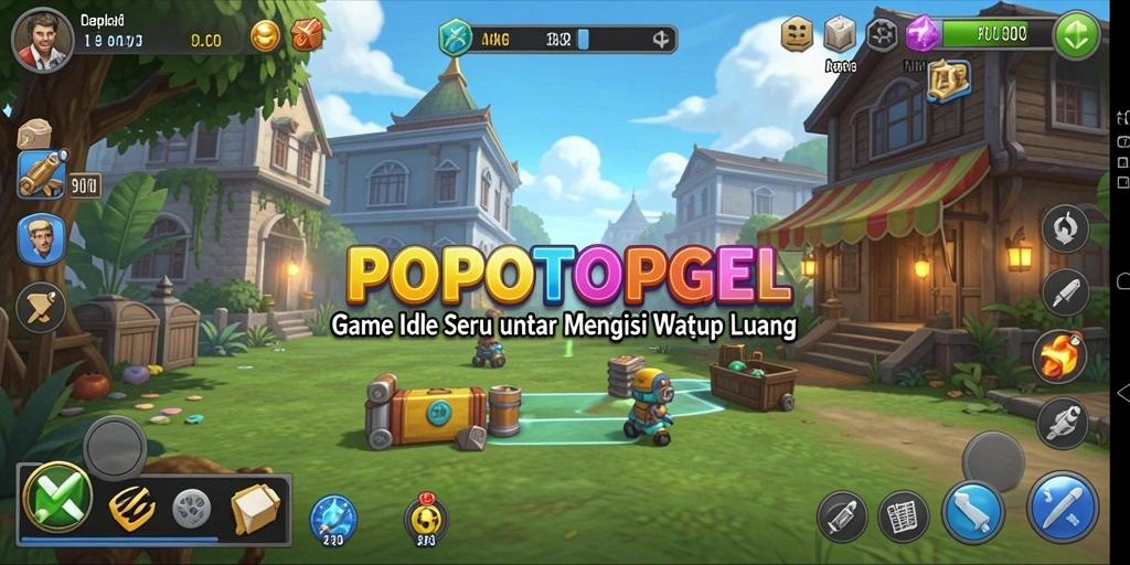 Tampilan gameplay POPOTOPGEL menampilkan karakter yang sedang berkembang dan mengumpulkan sumber daya.