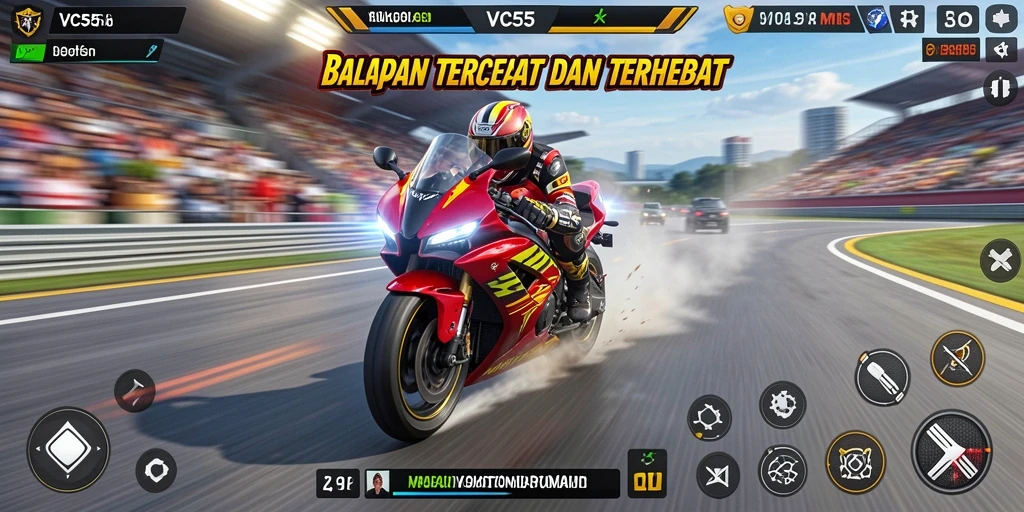 Screenshot VC55 menampilkan aksi balapan motor yang mendebarkan dan cepat.